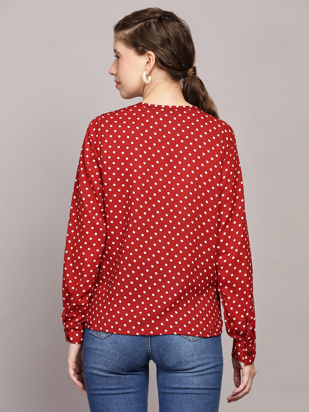 TrendRush Women Polka Printed Red Casual Top
