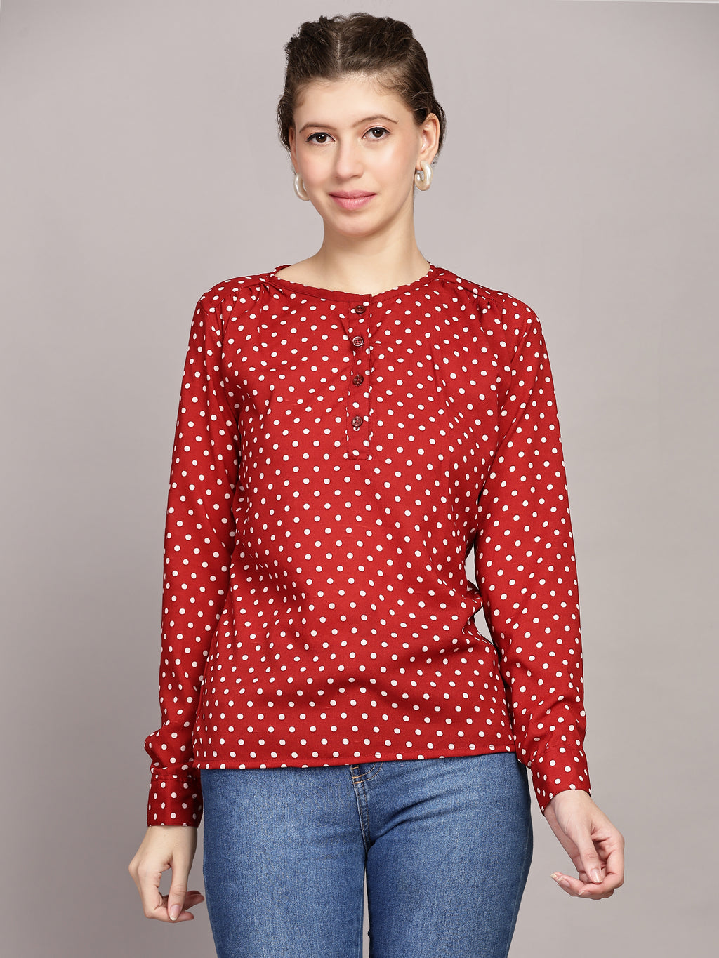 TrendRush Women Polka Printed Red Casual Top