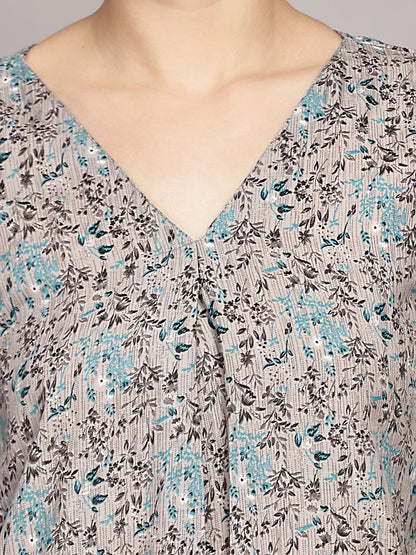 TrendRush Women Grey Floral Printed V-Neck Top