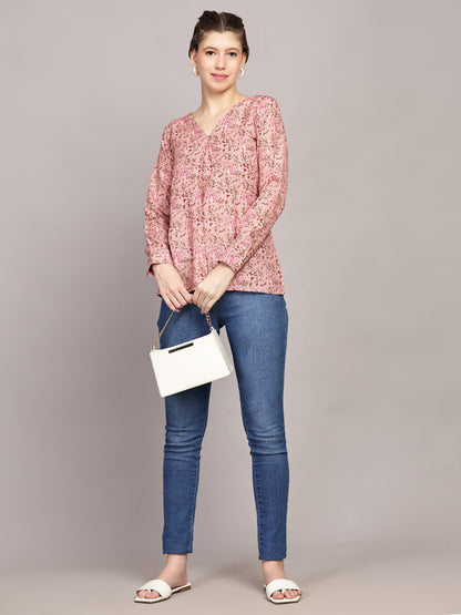 TrendRush Women Pink Floral Printed V-Neck Top