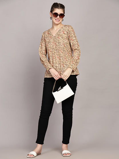 TrendRush Women Yellow Floral Printed V-Neck Top