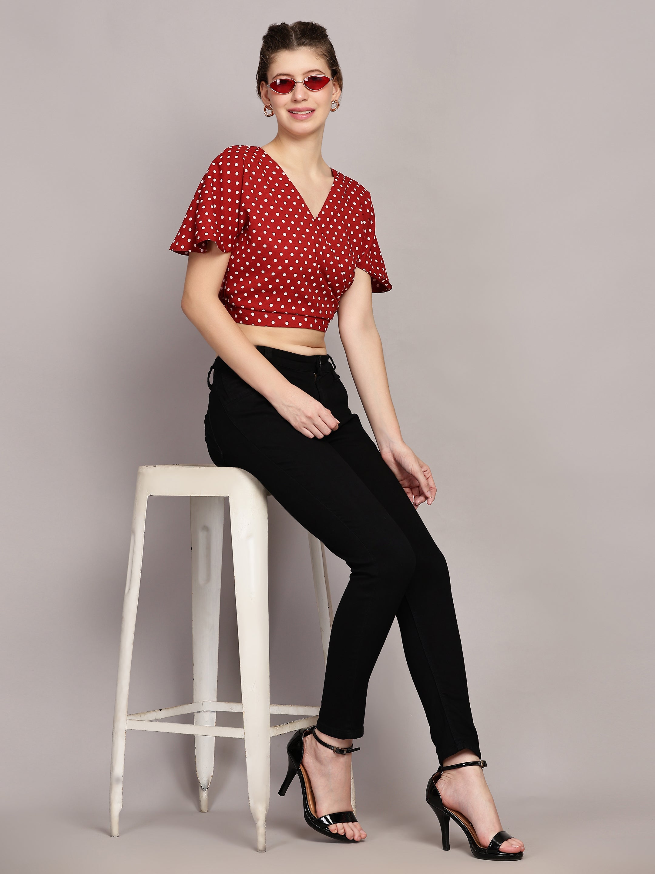 TrendRush Women Red Polka Print V-Neck Wrap Crop Top