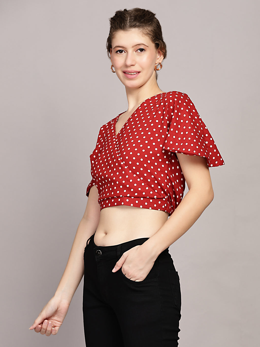 TrendRush Women Red Polka Print V-Neck Wrap Crop Top