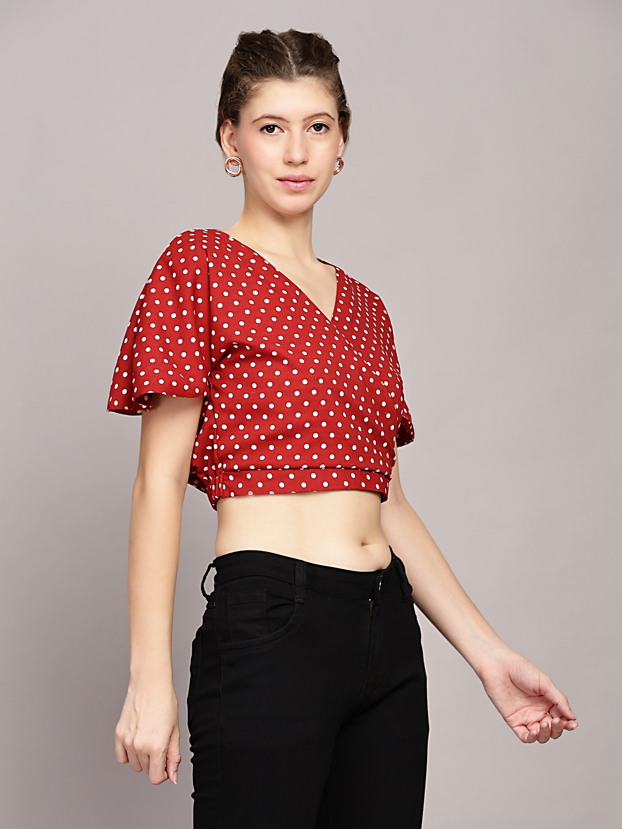 TrendRush Women Red Polka Print V-Neck Wrap Crop Top