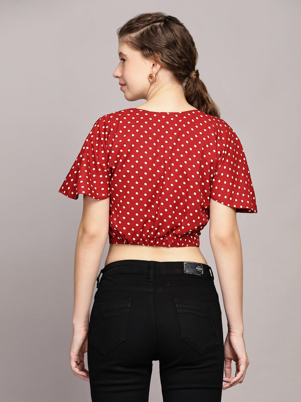 TrendRush Women Red Polka Print V-Neck Wrap Crop Top