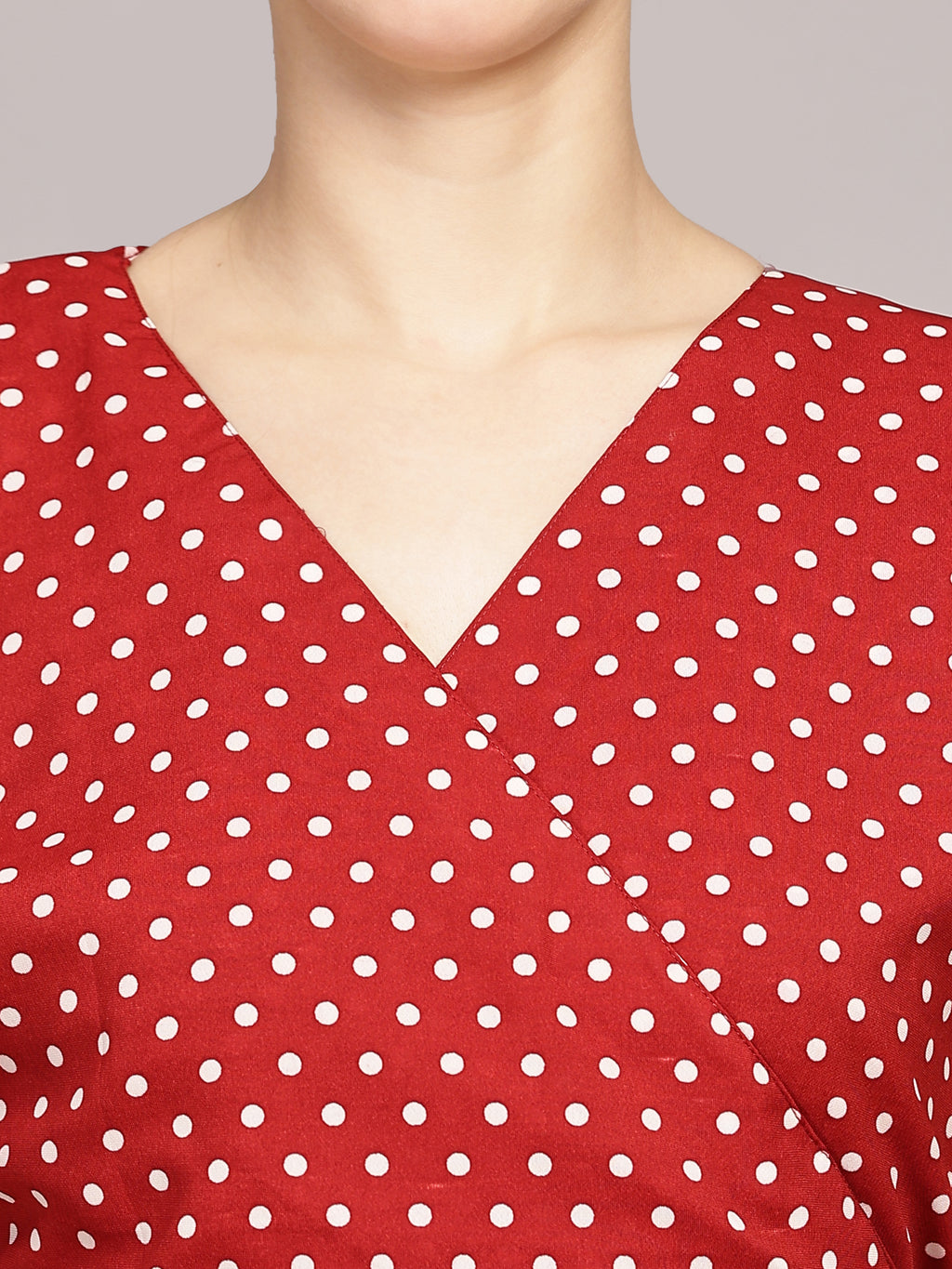 TrendRush Women Red Polka Print V-Neck Wrap Crop Top