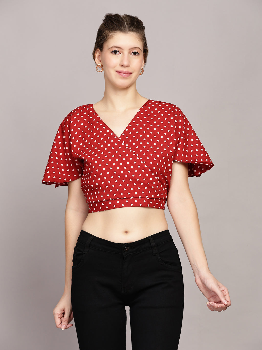 TrendRush Women Red Polka Print V-Neck Wrap Crop Top