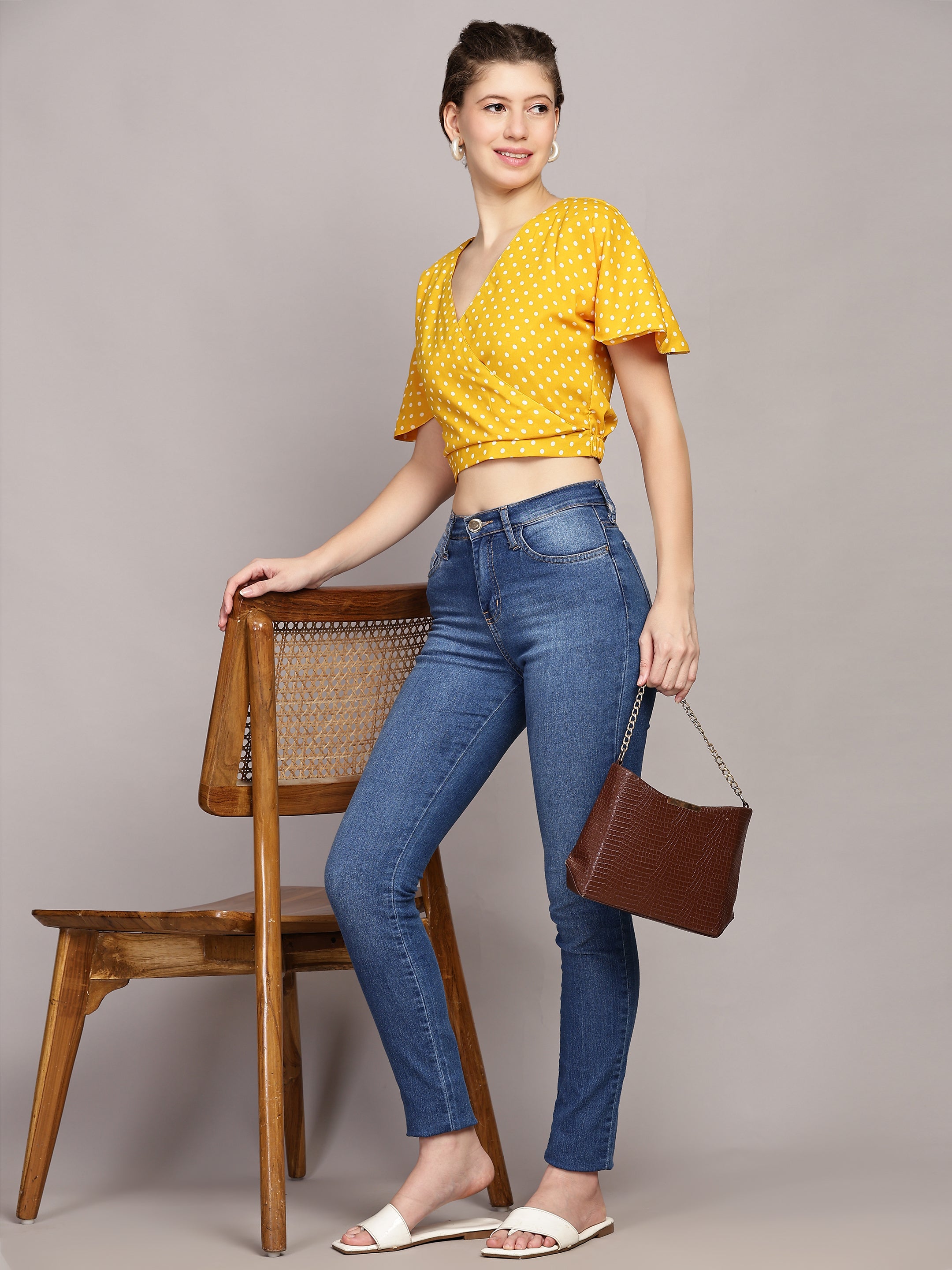 TrendRush Women Yellow Polka Print V-Neck Wrap Crop Top