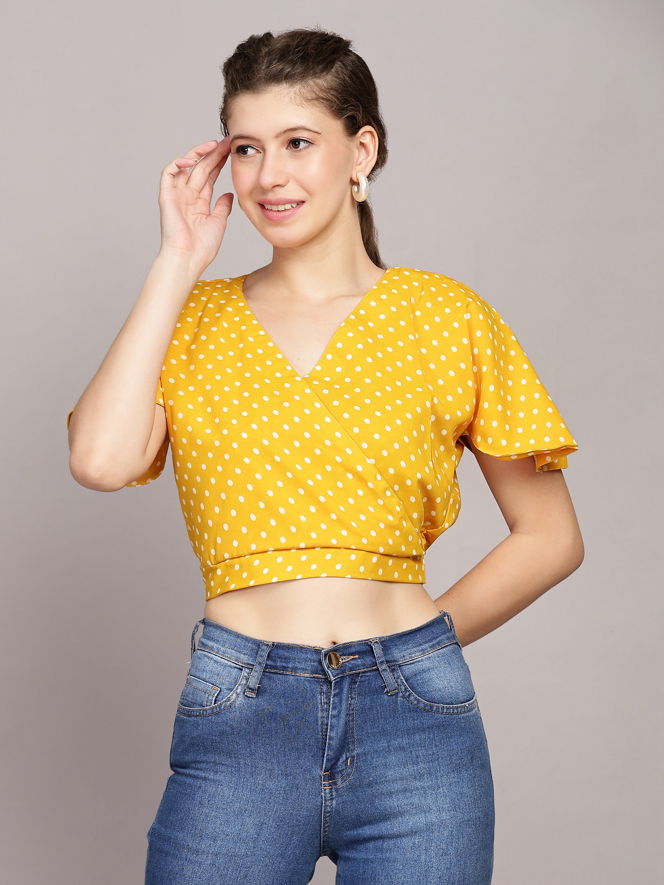 TrendRush Women Yellow Polka Print V-Neck Wrap Crop Top