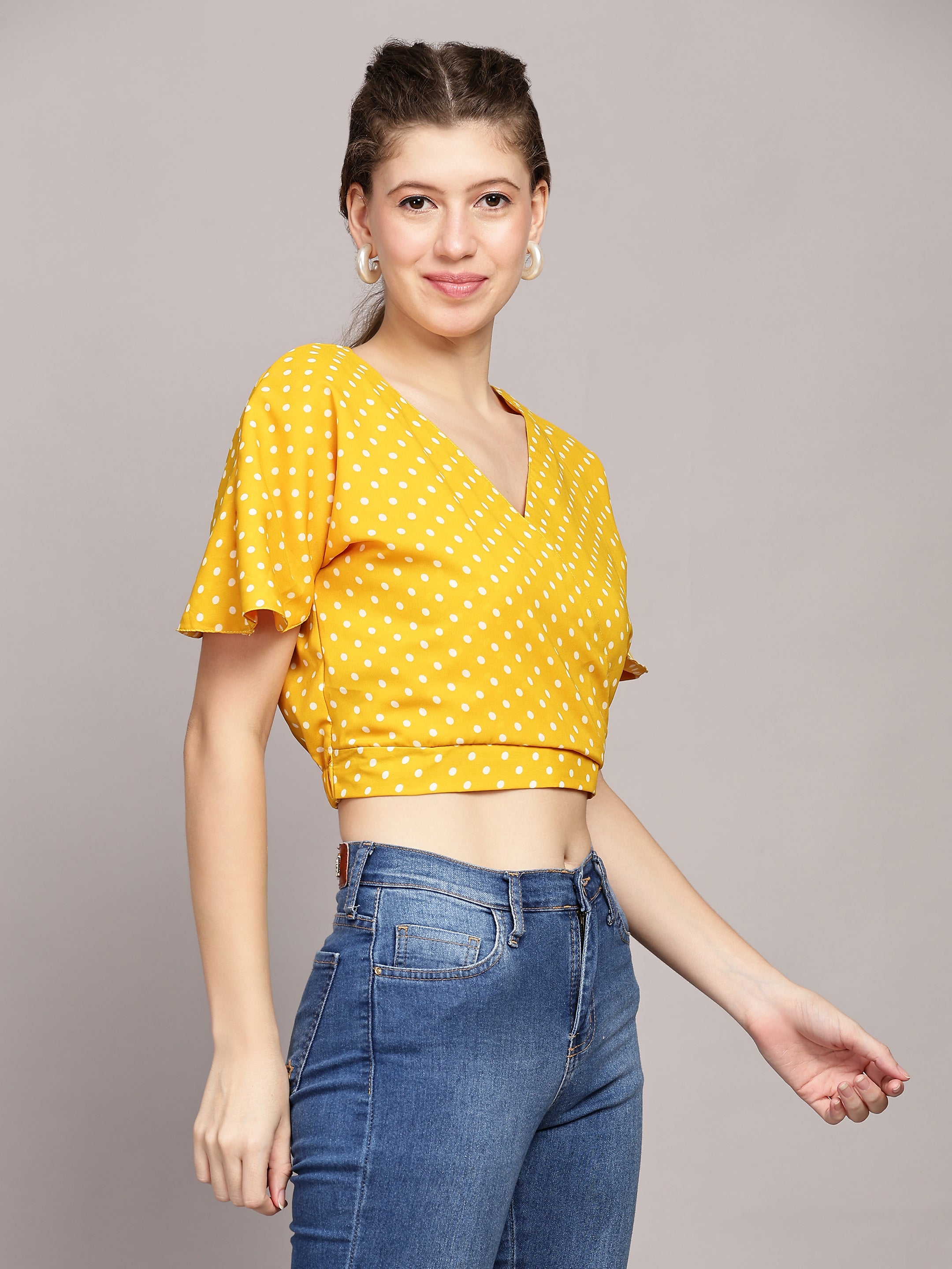 TrendRush Women Yellow Polka Print V-Neck Wrap Crop Top