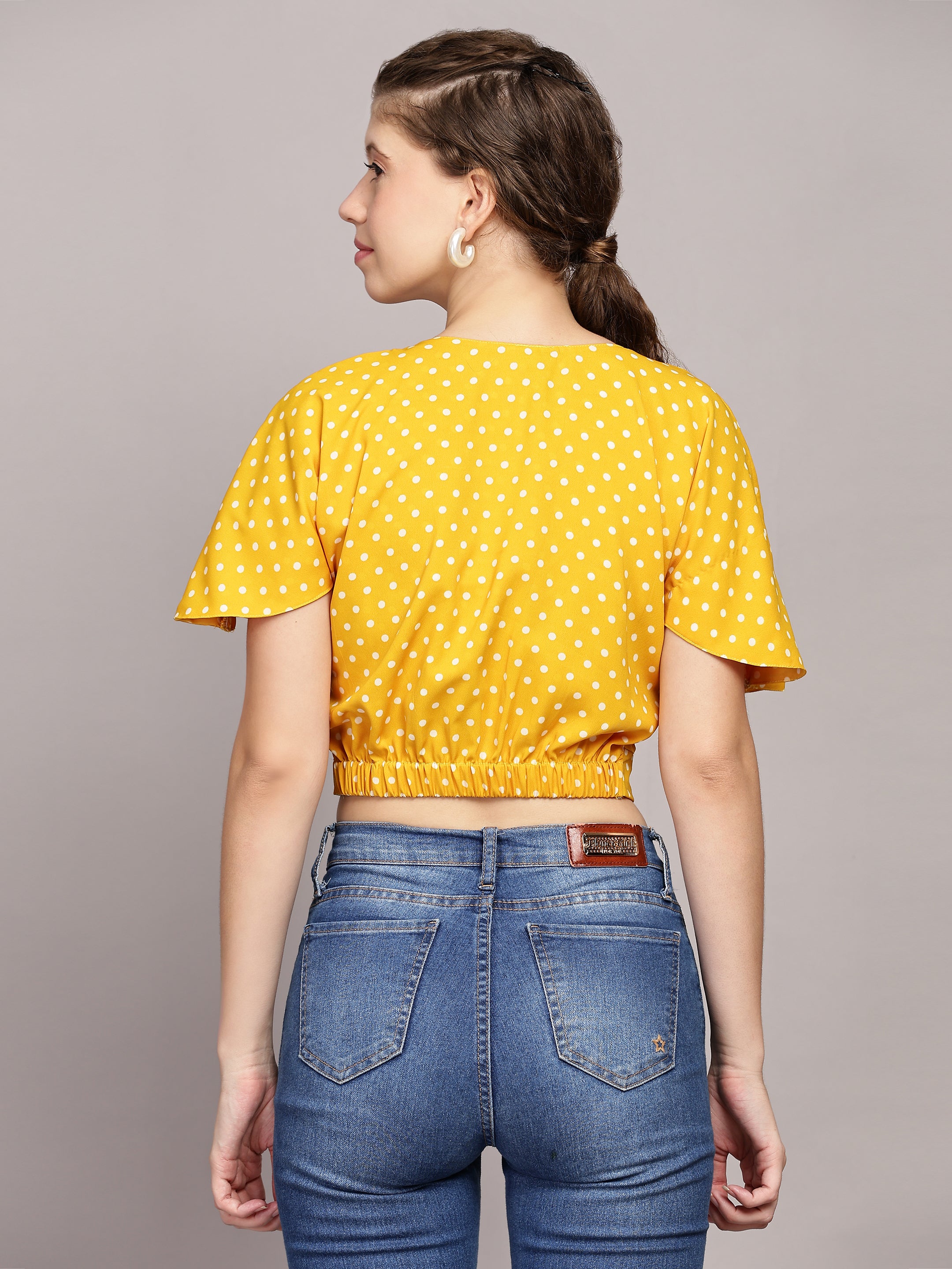 TrendRush Women Yellow Polka Print V-Neck Wrap Crop Top