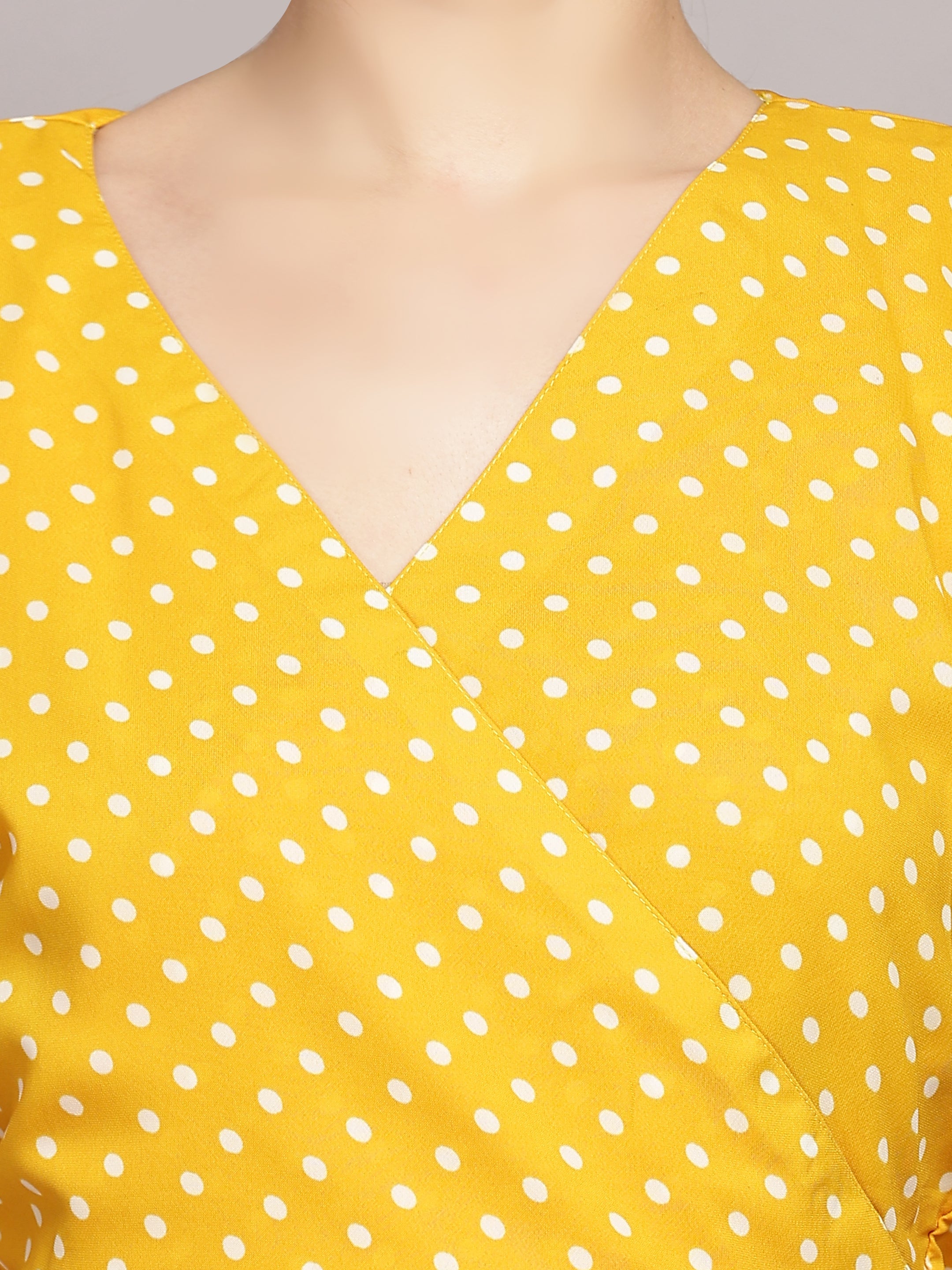 TrendRush Women Yellow Polka Print V-Neck Wrap Crop Top