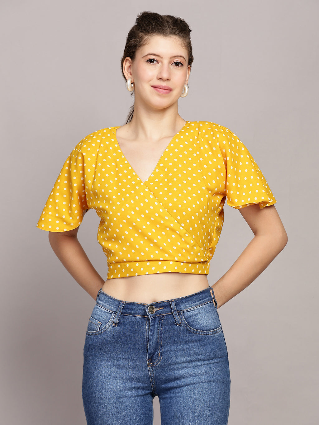 TrendRush Women Yellow Polka Print V-Neck Wrap Crop Top