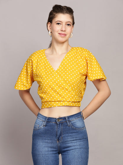 TrendRush Women Yellow Polka Print V-Neck Wrap Crop Top