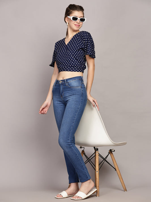TrendRush Women Blue Polka Print V-Neck Wrap Crop Top