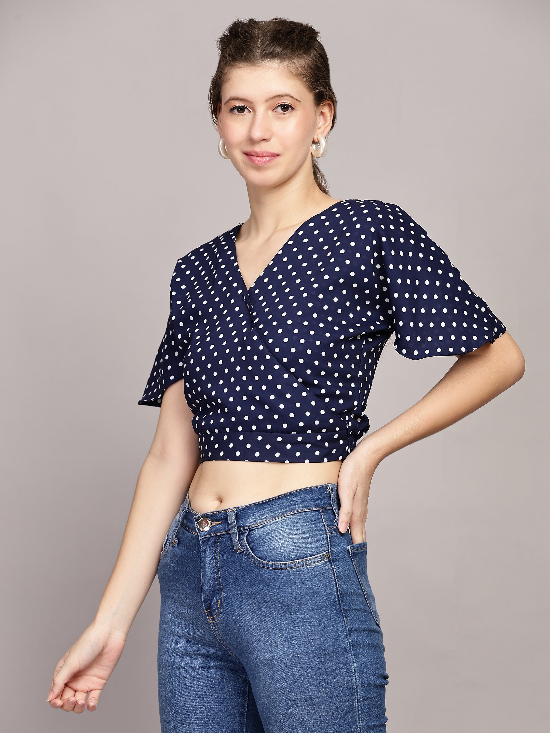 TrendRush Women Blue Polka Print V-Neck Wrap Crop Top