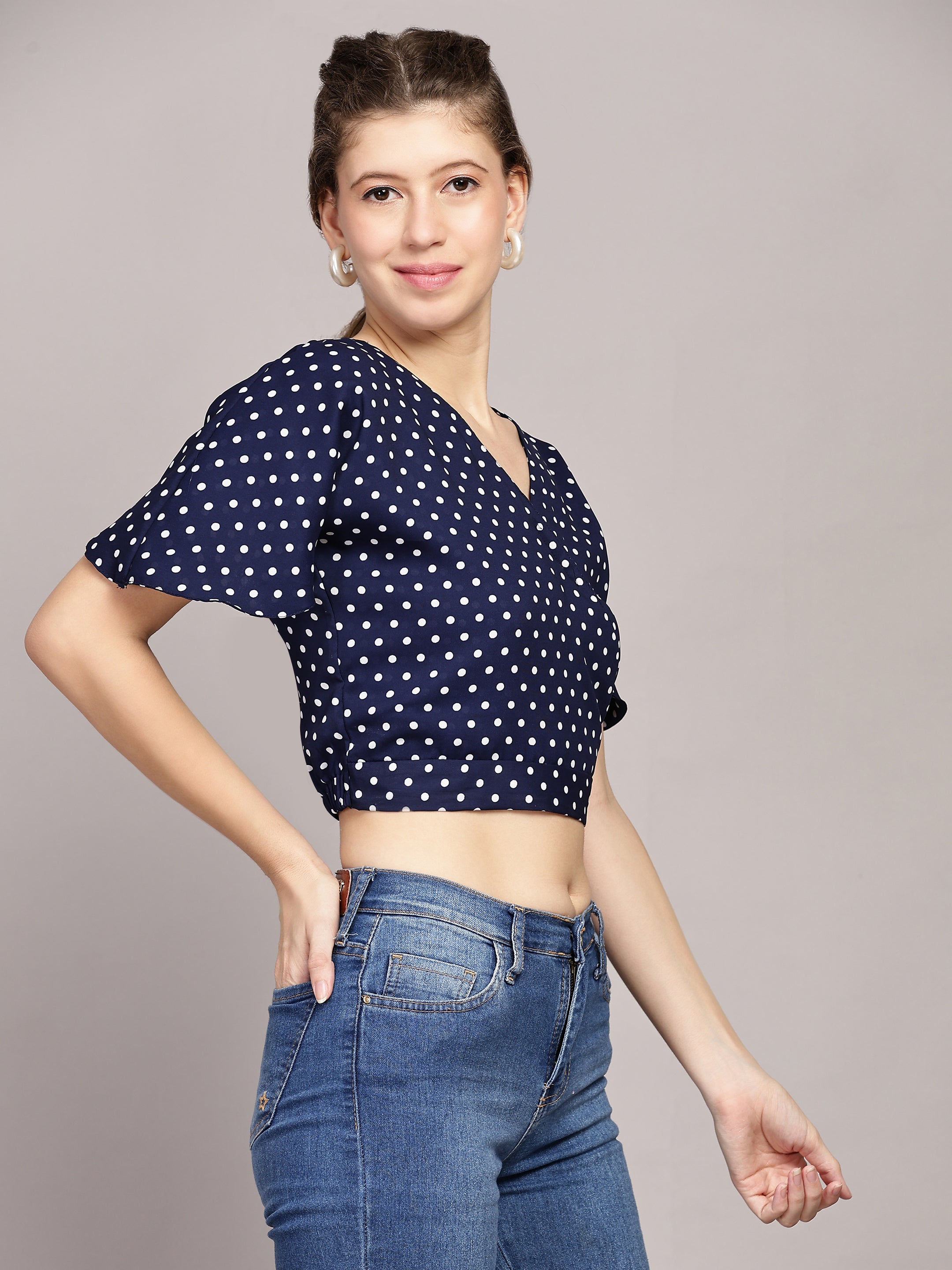TrendRush Women Blue Polka Print V-Neck Wrap Crop Top