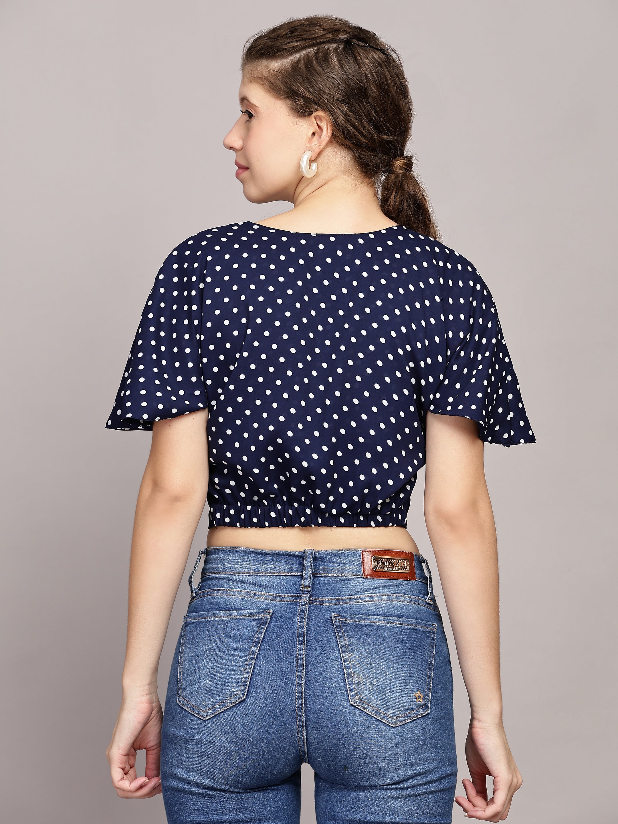 TrendRush Women Blue Polka Print V-Neck Wrap Crop Top