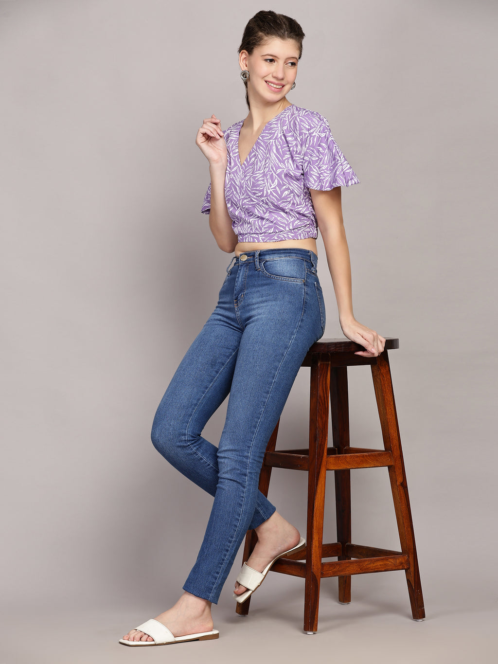 TrendRush Women Purple Floral Print V-Neck Wrap Crop Top