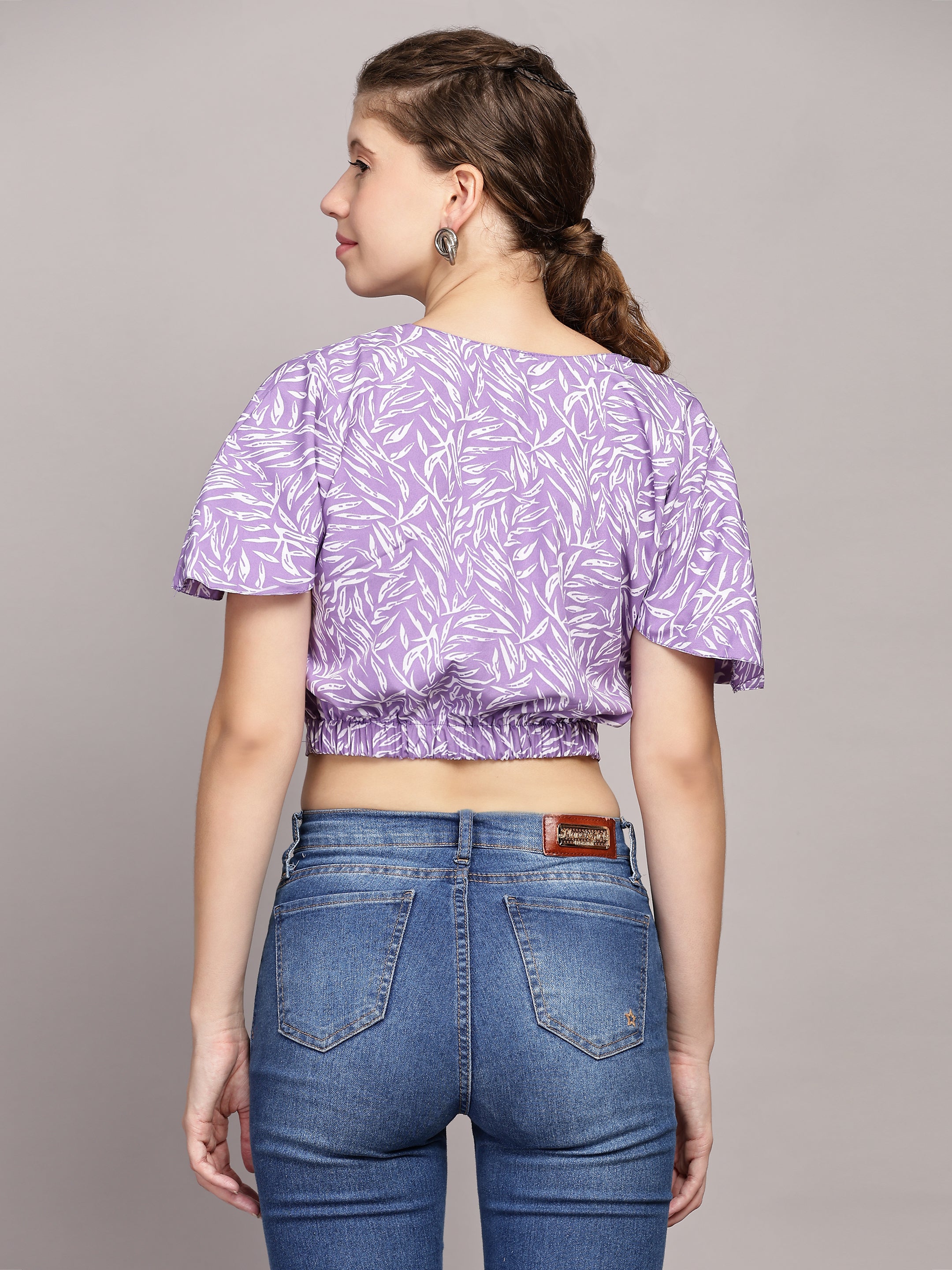 TrendRush Women Purple Floral Print V-Neck Wrap Crop Top