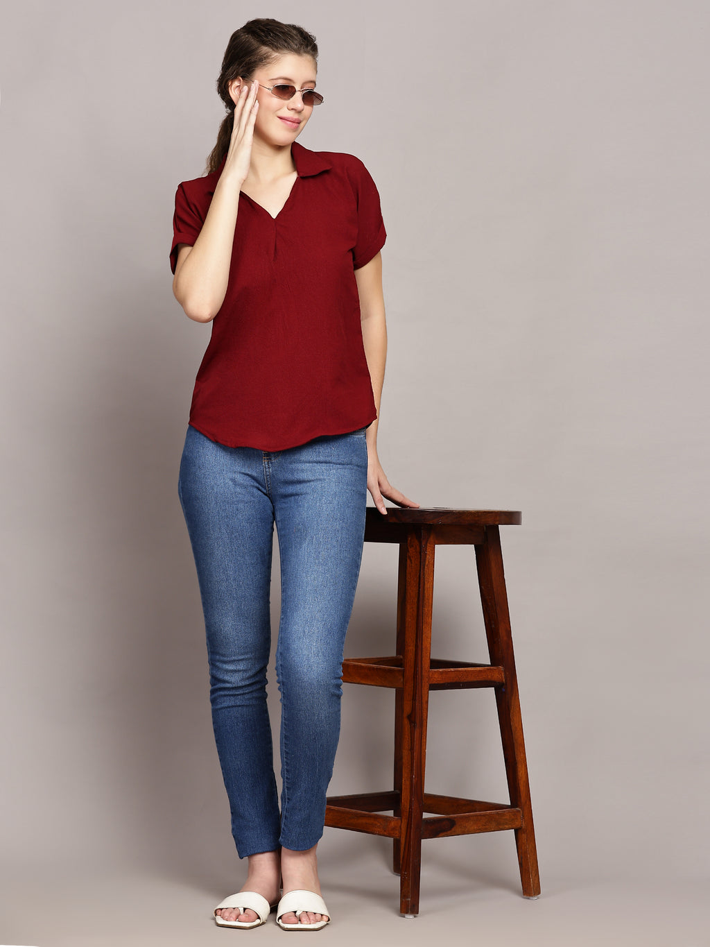 TrendRush Women Red V-Neck Top with Short Sleeves