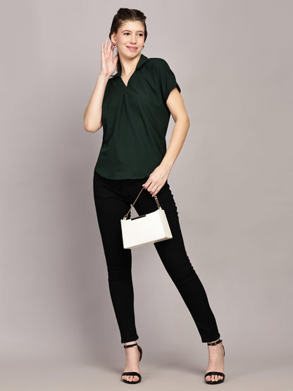 TrendRush Women Green V-Neck Top with Short Sleeves