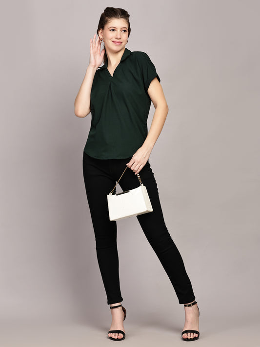 TrendRush Women Green V-Neck Top with Short Sleeves