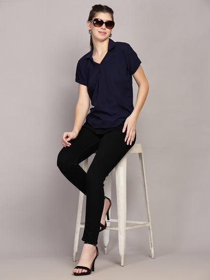 TrendRush Women Blue V-Neck Top with Short Sleeves