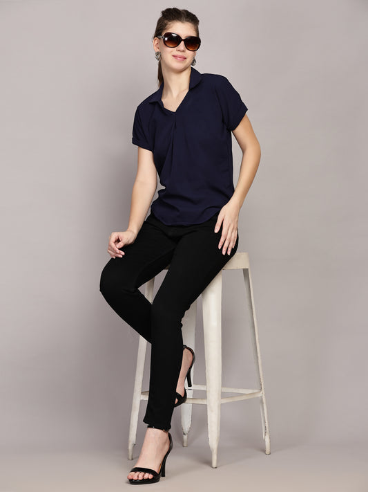 TrendRush Women Blue V-Neck Top with Short Sleeves