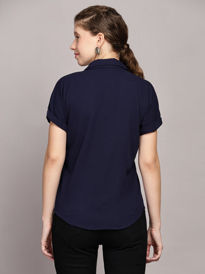 TrendRush Women Blue V-Neck Top with Short Sleeves