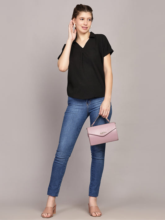 TrendRush Women Black V-Neck Top with Short Sleeves