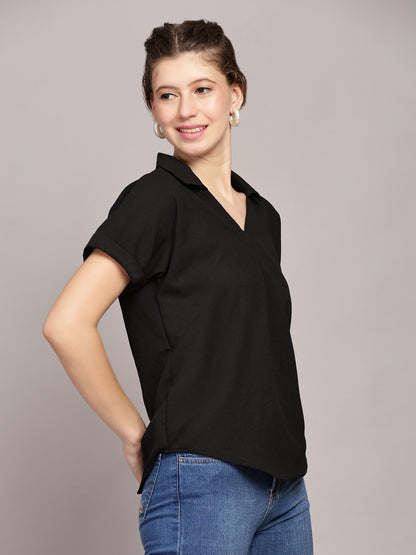 TrendRush Women Black V-Neck Top with Short Sleeves