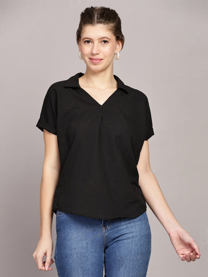 TrendRush Women Black V-Neck Top with Short Sleeves