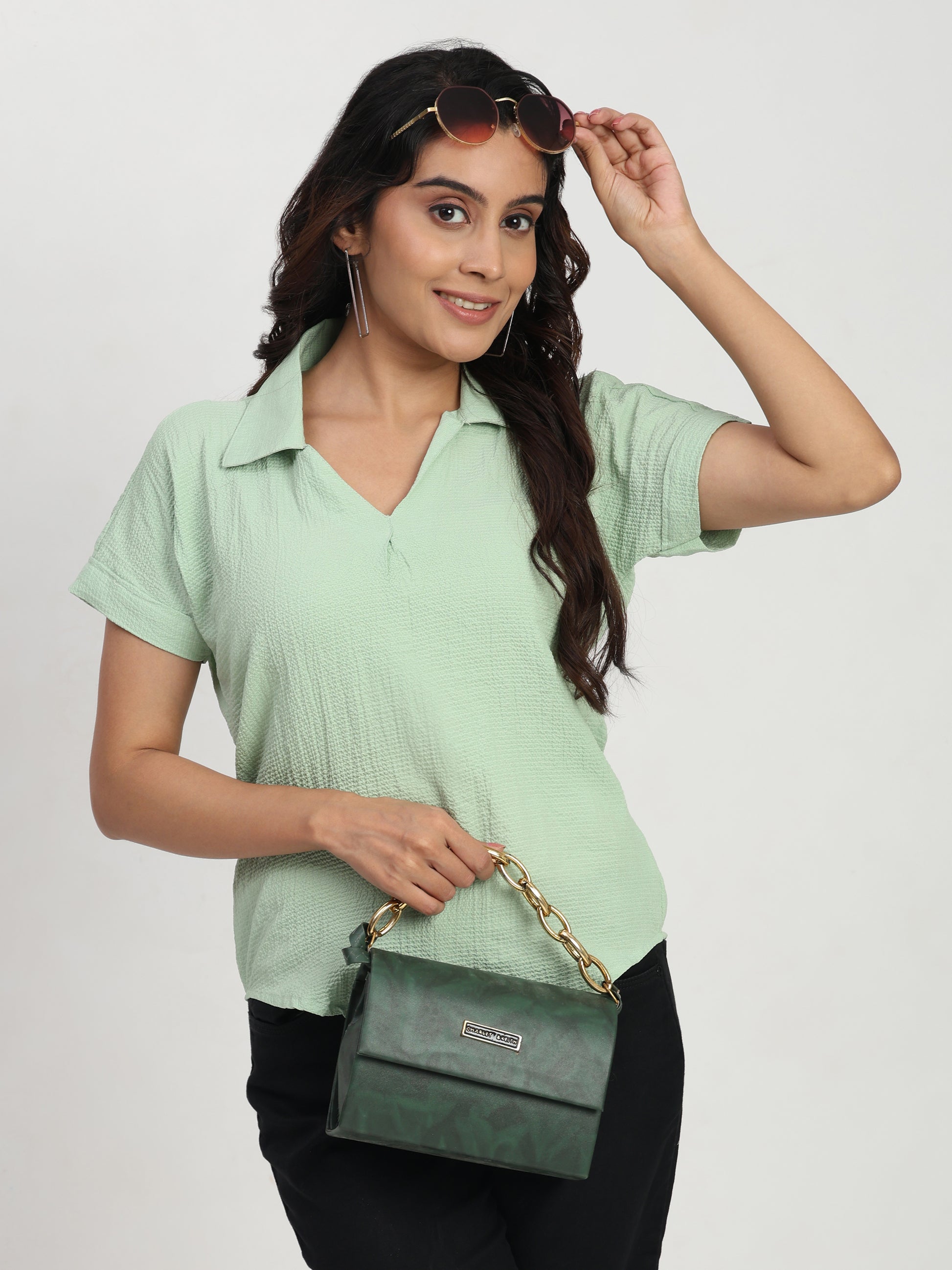 TrendRush Women Light Green Shirt Collar V-Neck Pleated Formal Top