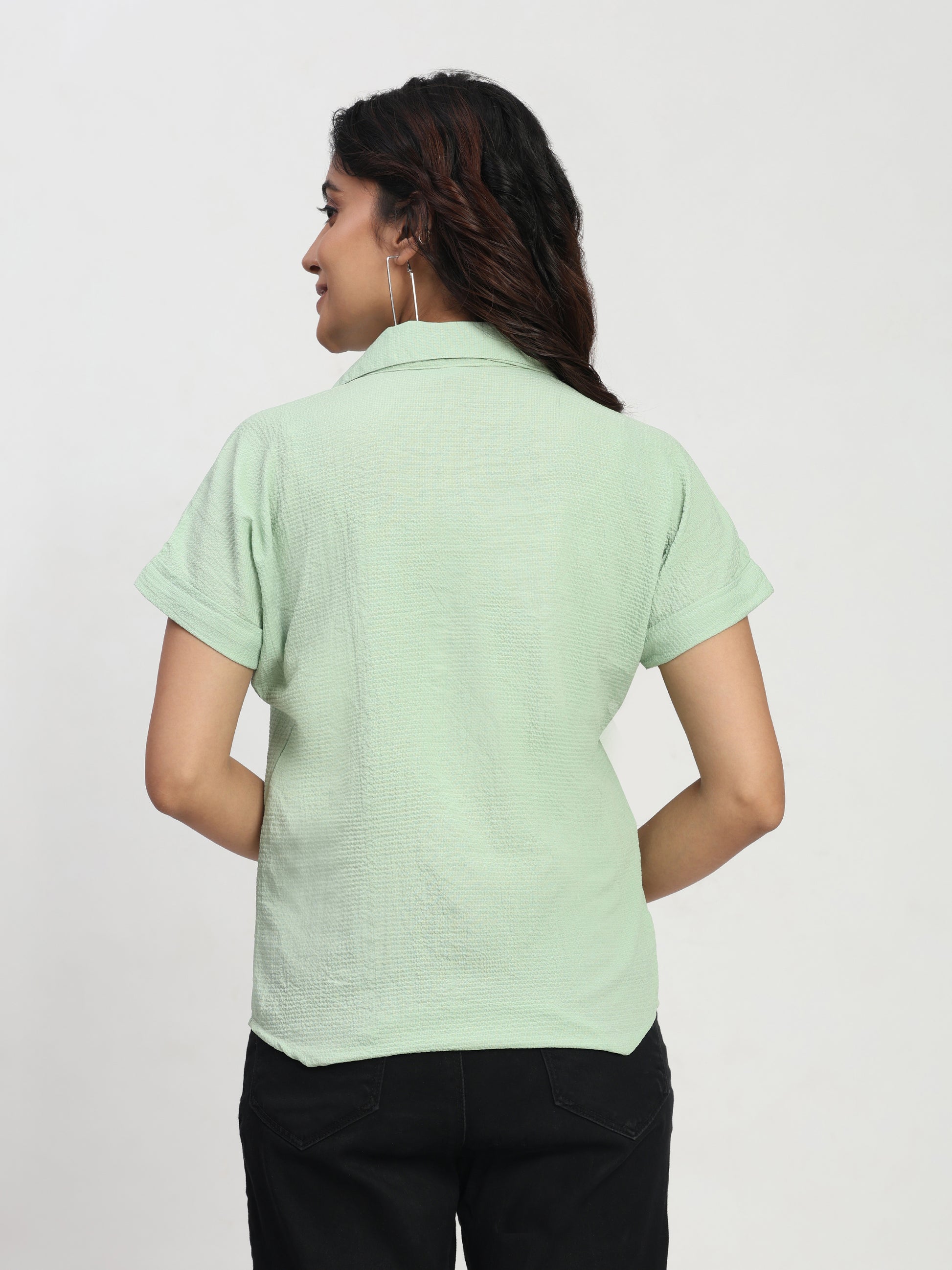TrendRush Women Light Green Shirt Collar V-Neck Pleated Formal Top