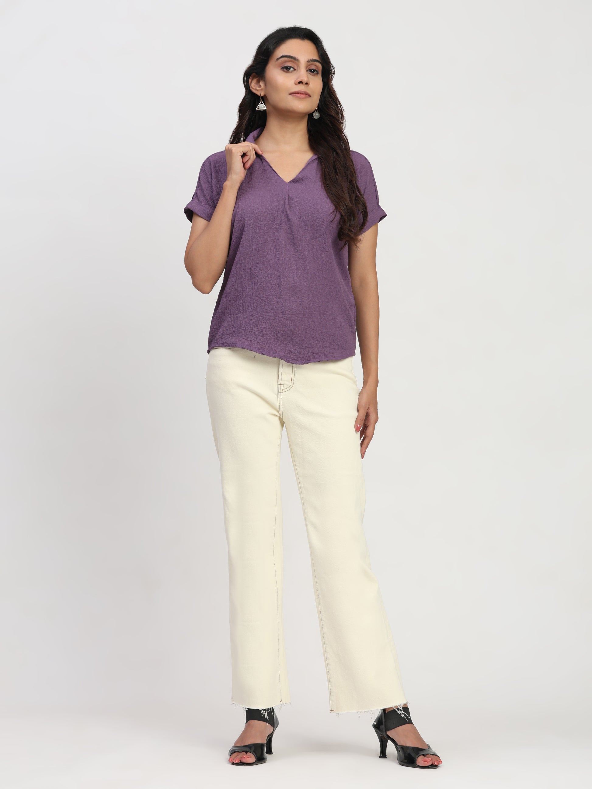 TrendRush Women Purple Shirt Collar V-Neck Casual Pleated Top