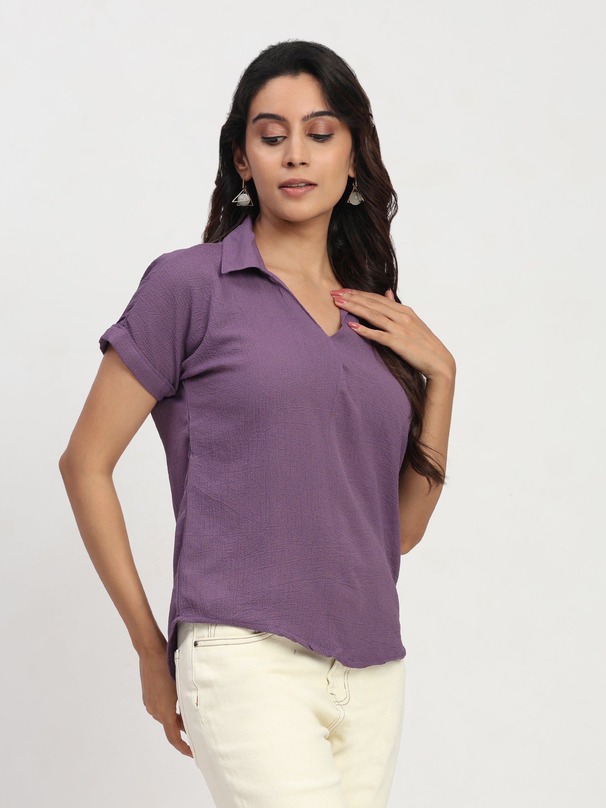 TrendRush Women Purple Shirt Collar V-Neck Casual Pleated Top