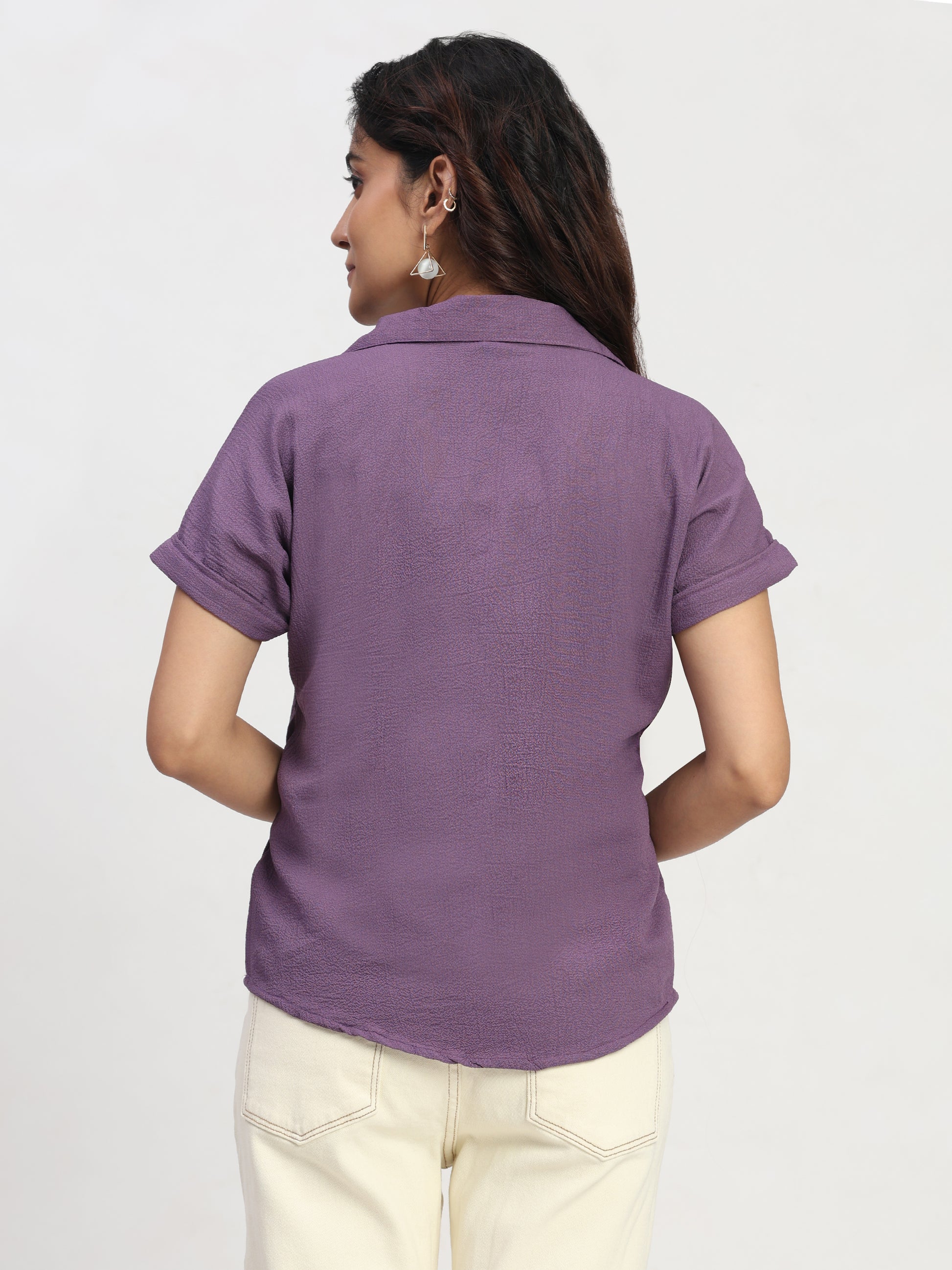 TrendRush Women Purple Shirt Collar V-Neck Casual Pleated Top