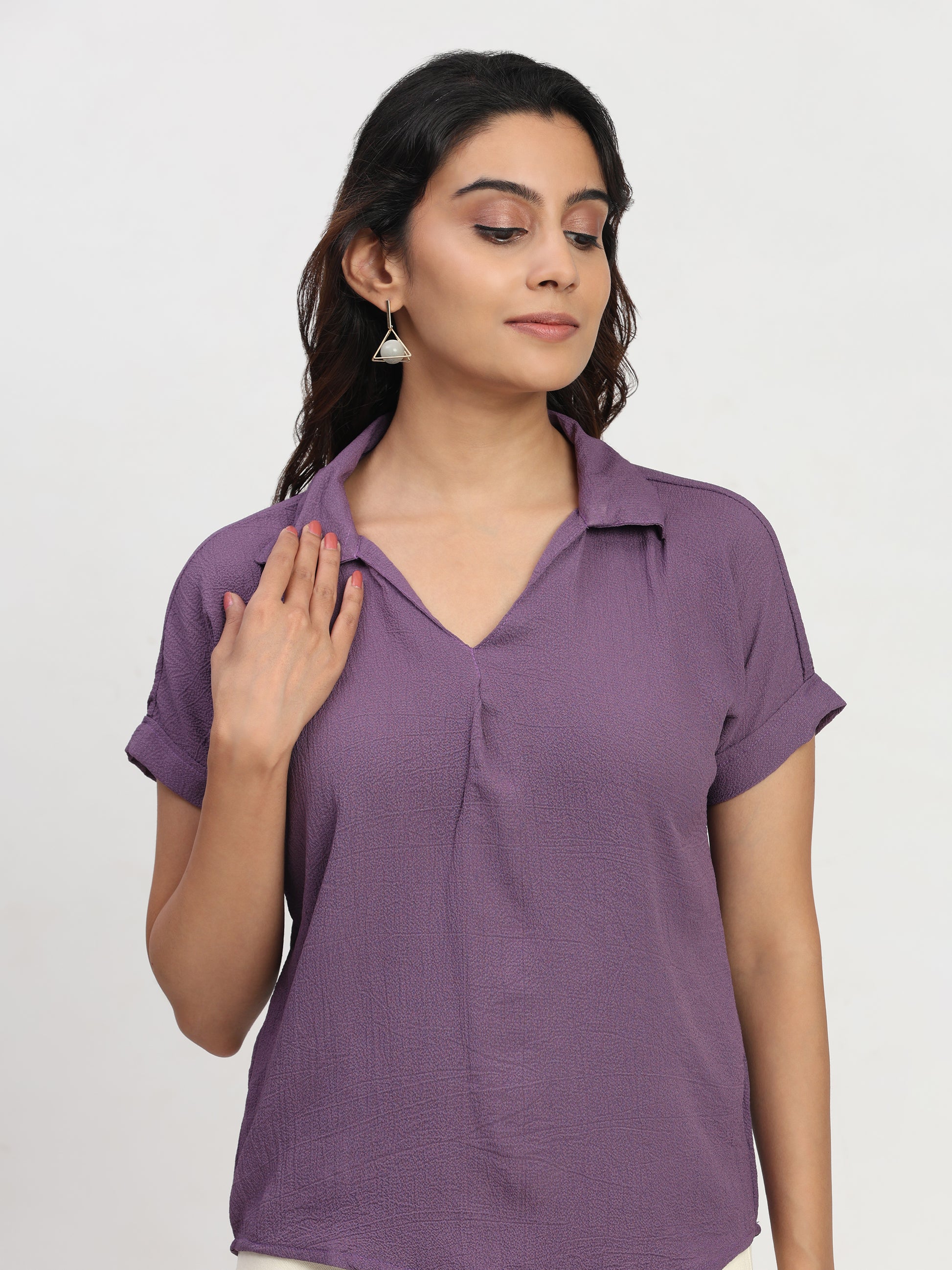 TrendRush Women Purple Shirt Collar V-Neck Casual Pleated Top