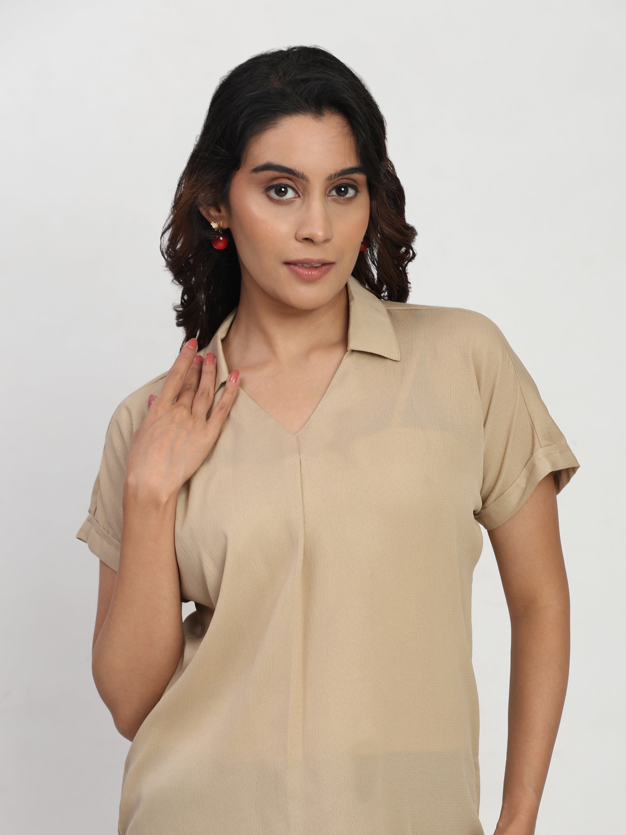 TrendRush Women Beige Shirt Collar V-Neck Front Pleated Trendy Top