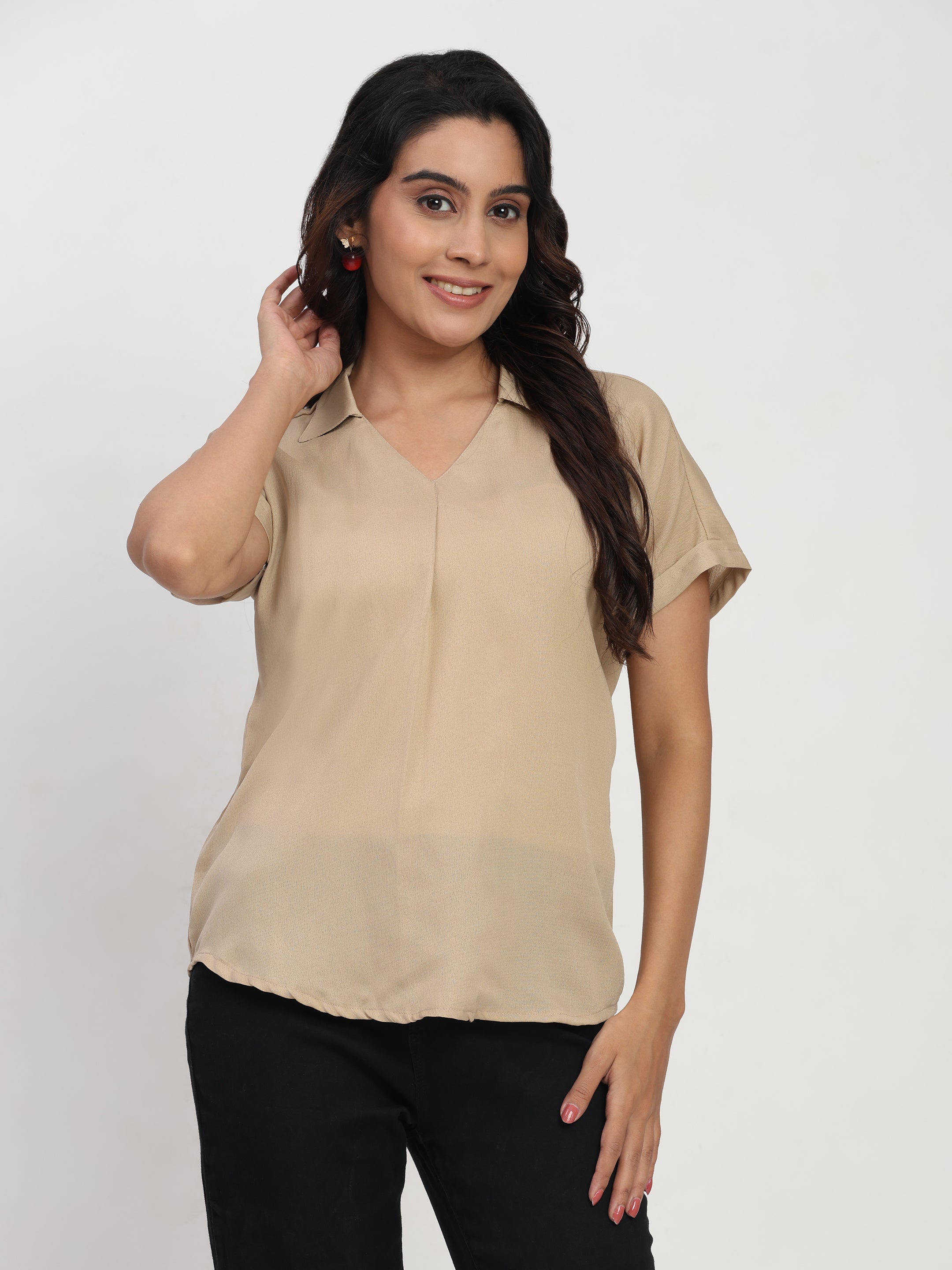 TrendRush Women Beige Shirt Collar V-Neck Front Pleated Trendy Top