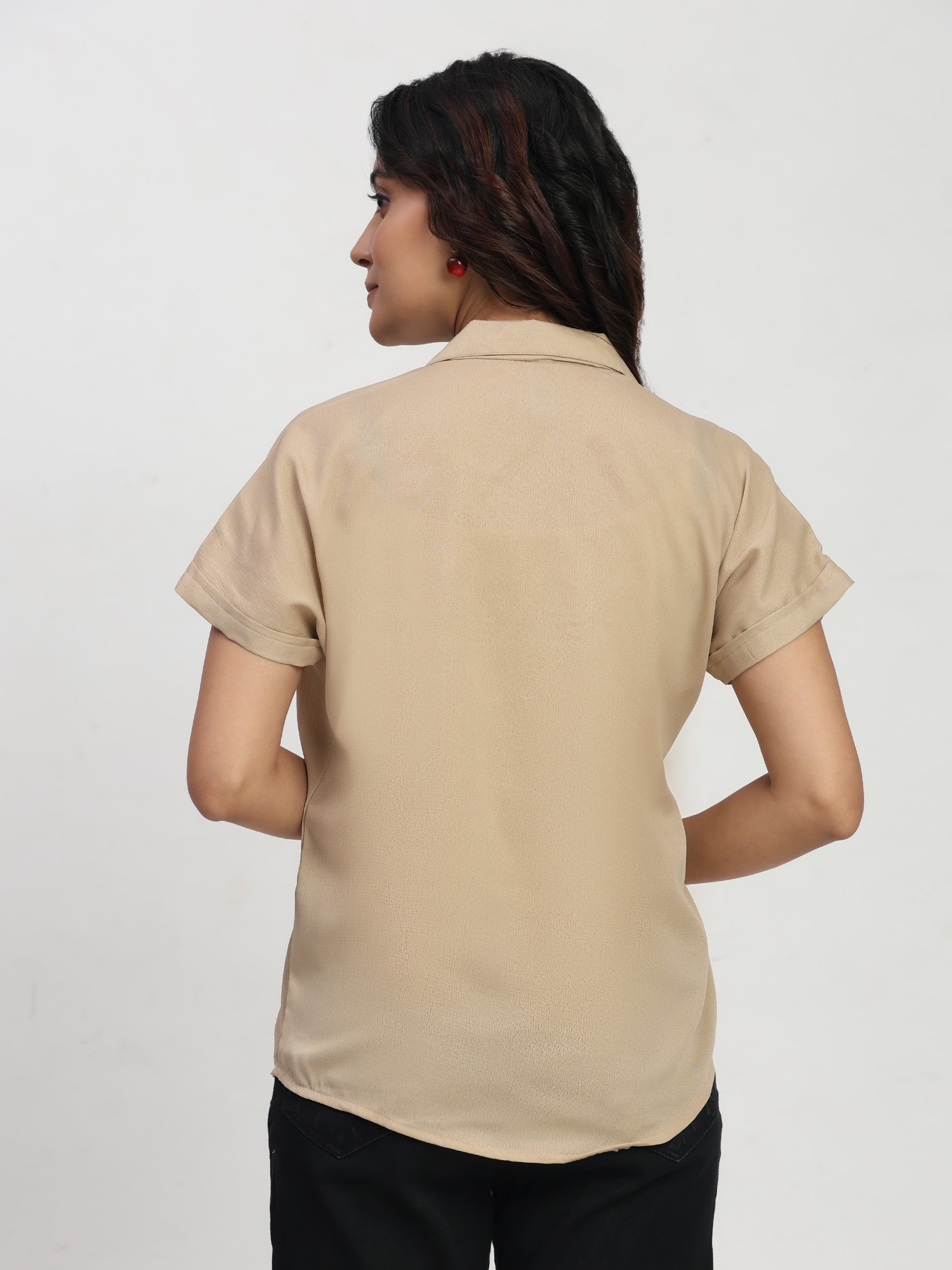 TrendRush Women Beige Shirt Collar V-Neck Front Pleated Trendy Top