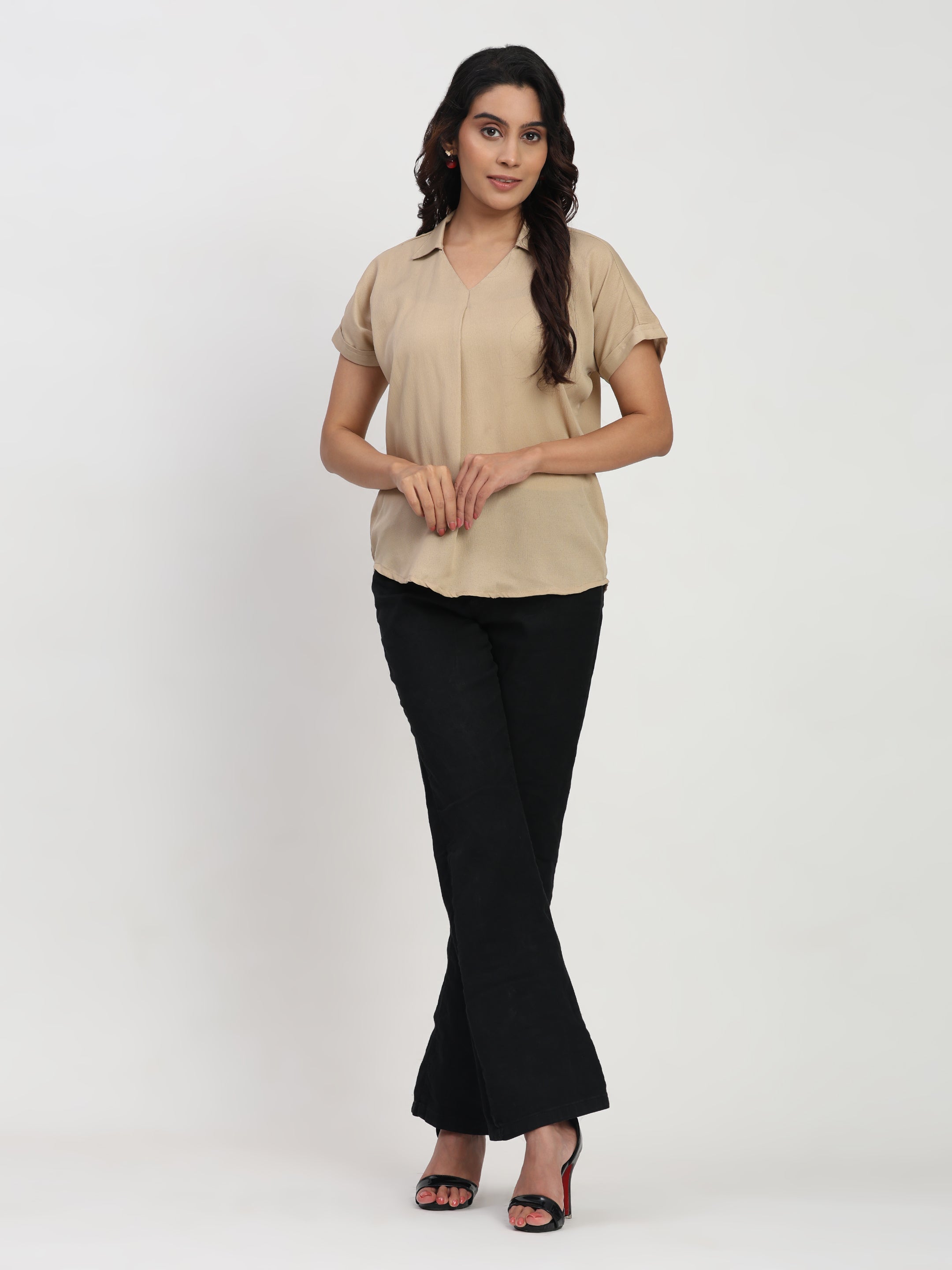 TrendRush Women Beige Shirt Collar V-Neck Front Pleated Trendy Top