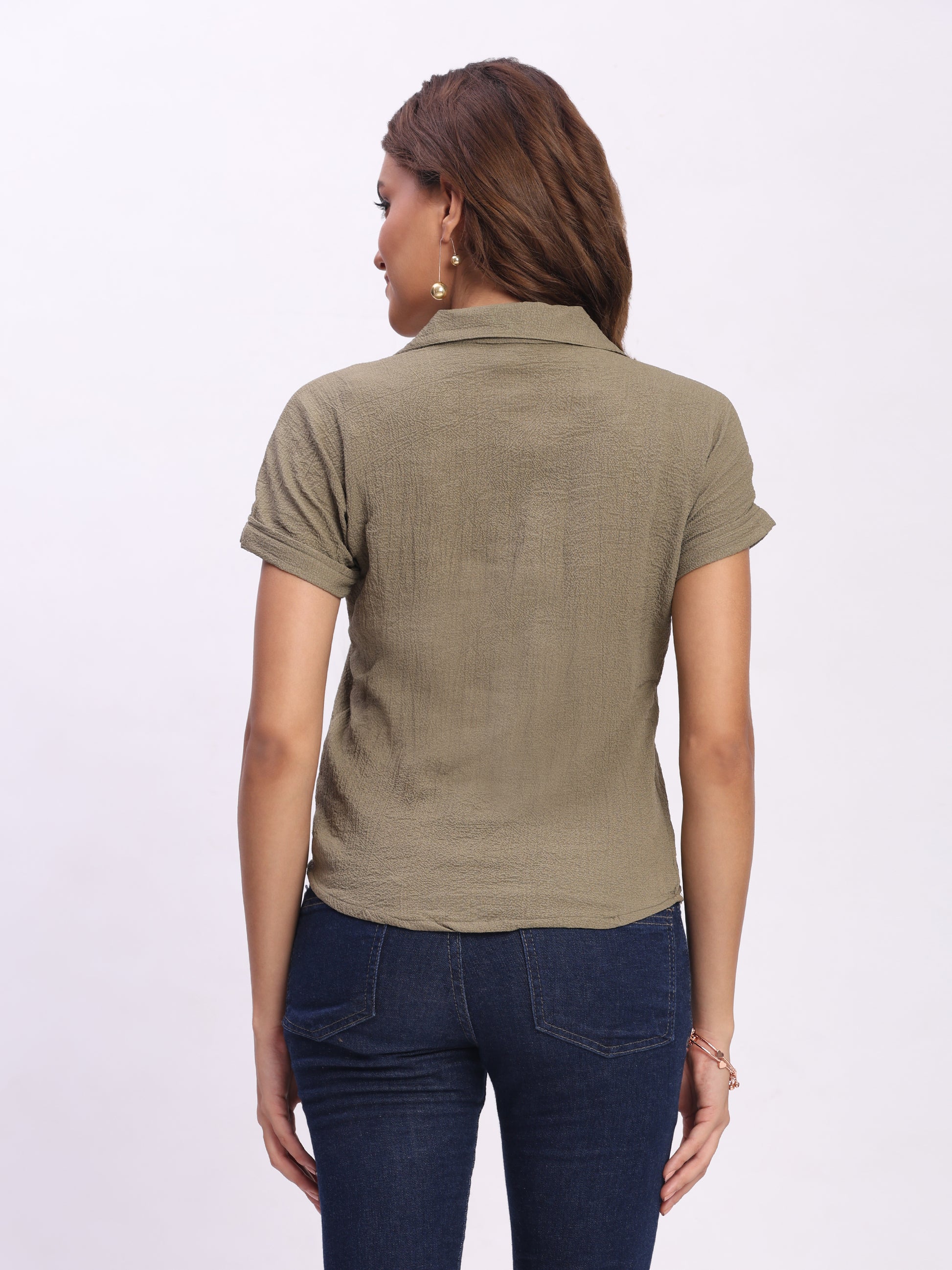 Trendrush Women Shirt Collar Solid Khakhi Green Top – Versatile Regular Fit