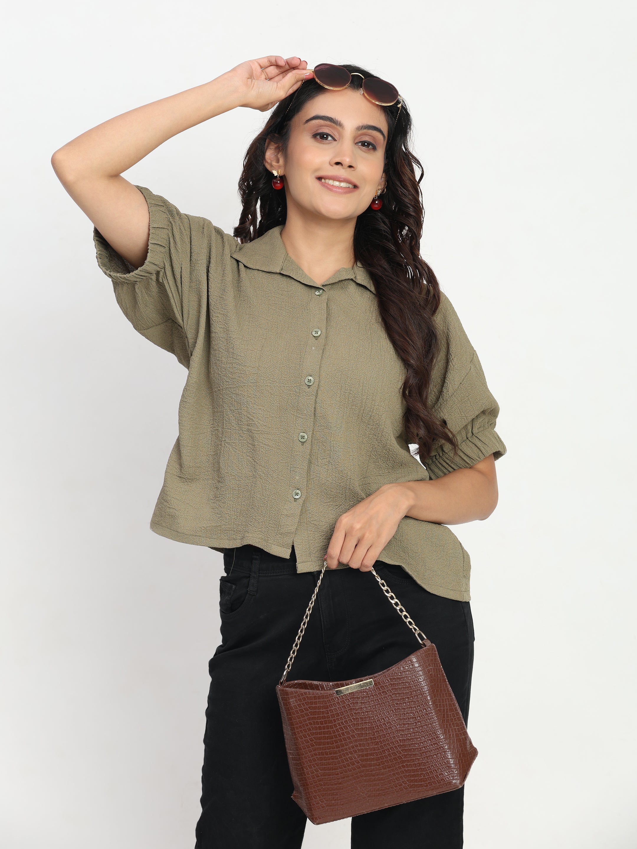 TrendRush Women Khakhi Green Kaftan Style Elasticated Sleeve Shirt