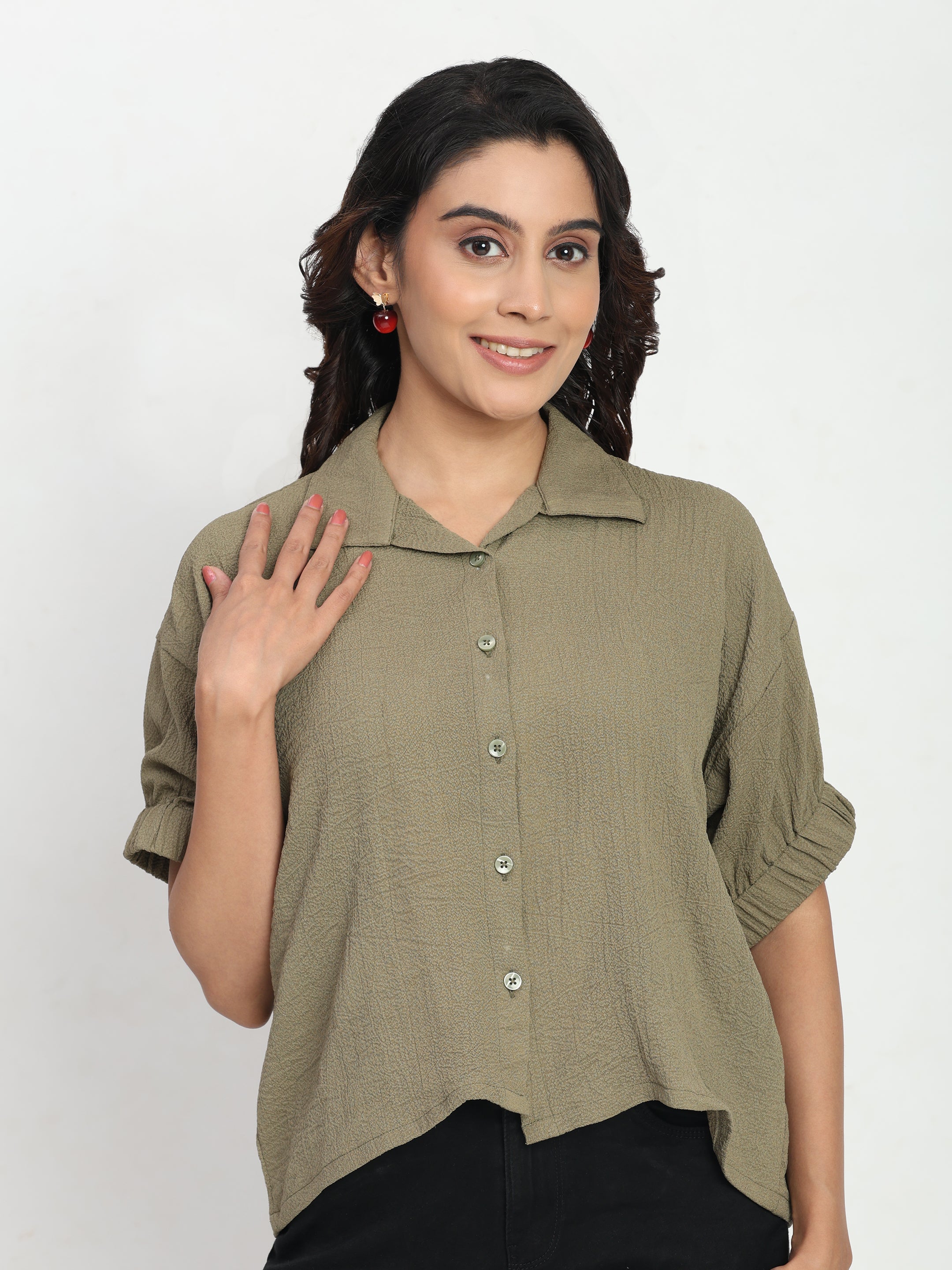 TrendRush Women Khakhi Green Kaftan Style Elasticated Sleeve Shirt