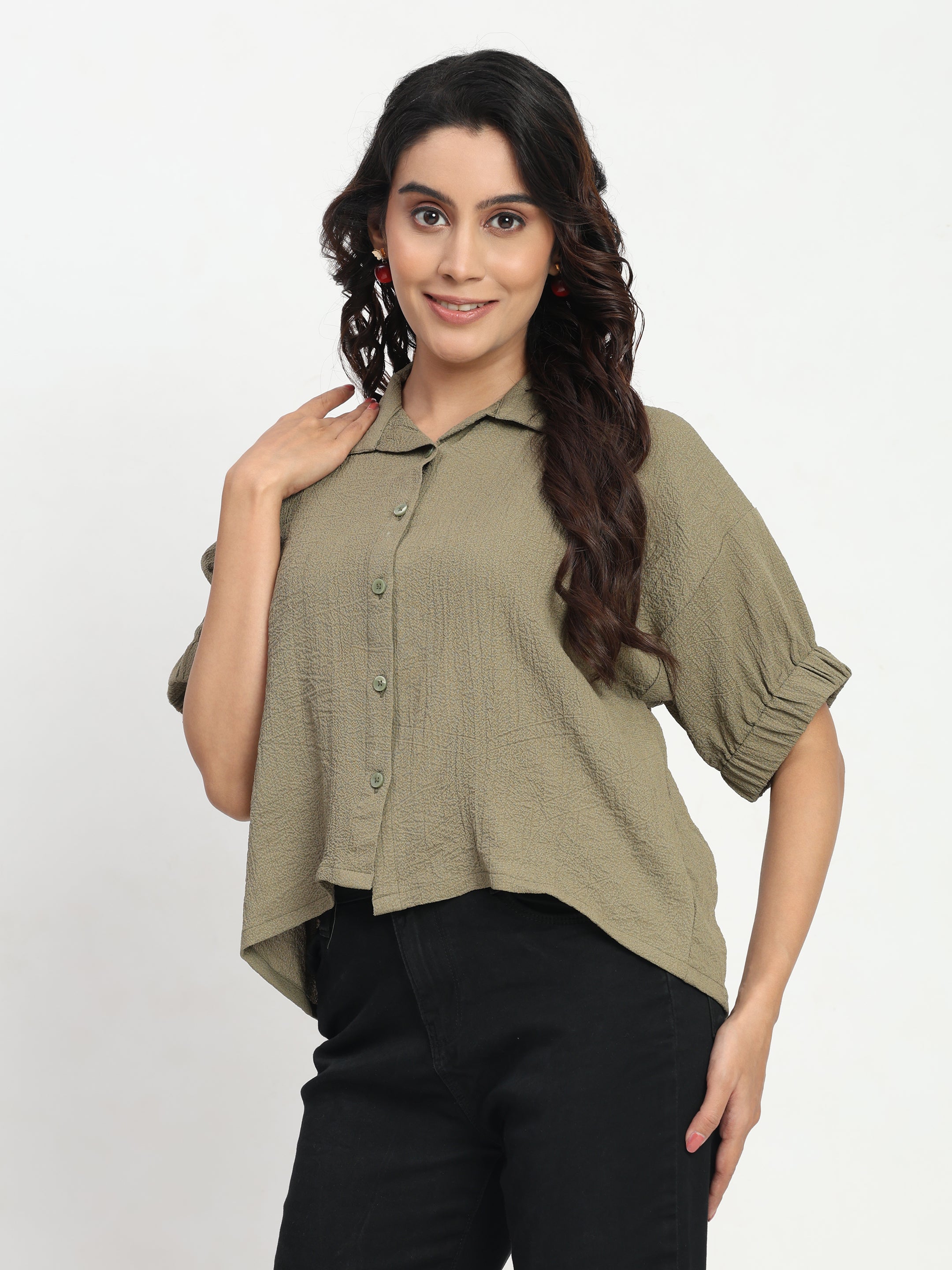 TrendRush Women Khakhi Green Kaftan Style Elasticated Sleeve Shirt
