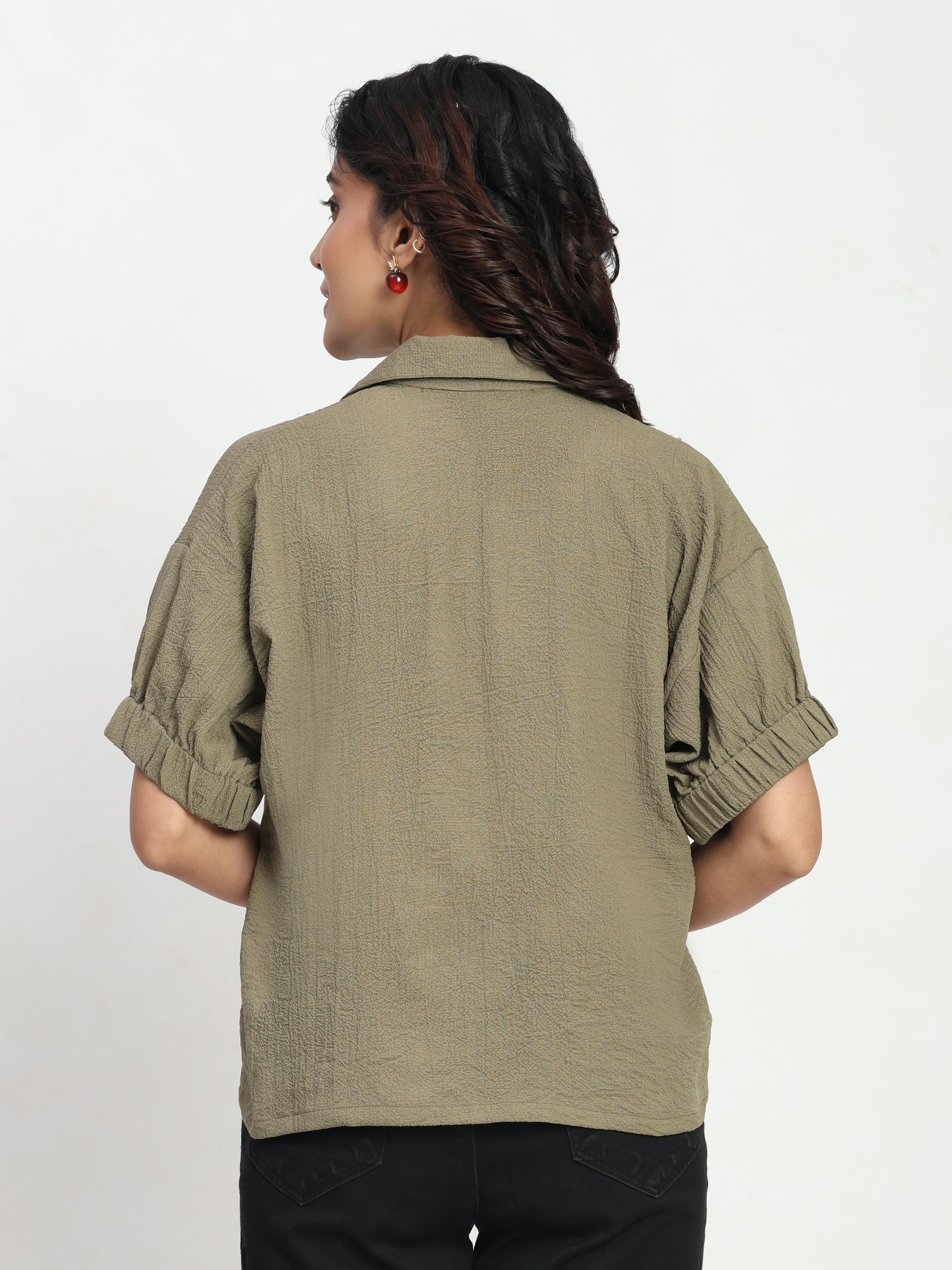 TrendRush Women Khakhi Green Kaftan Style Elasticated Sleeve Shirt