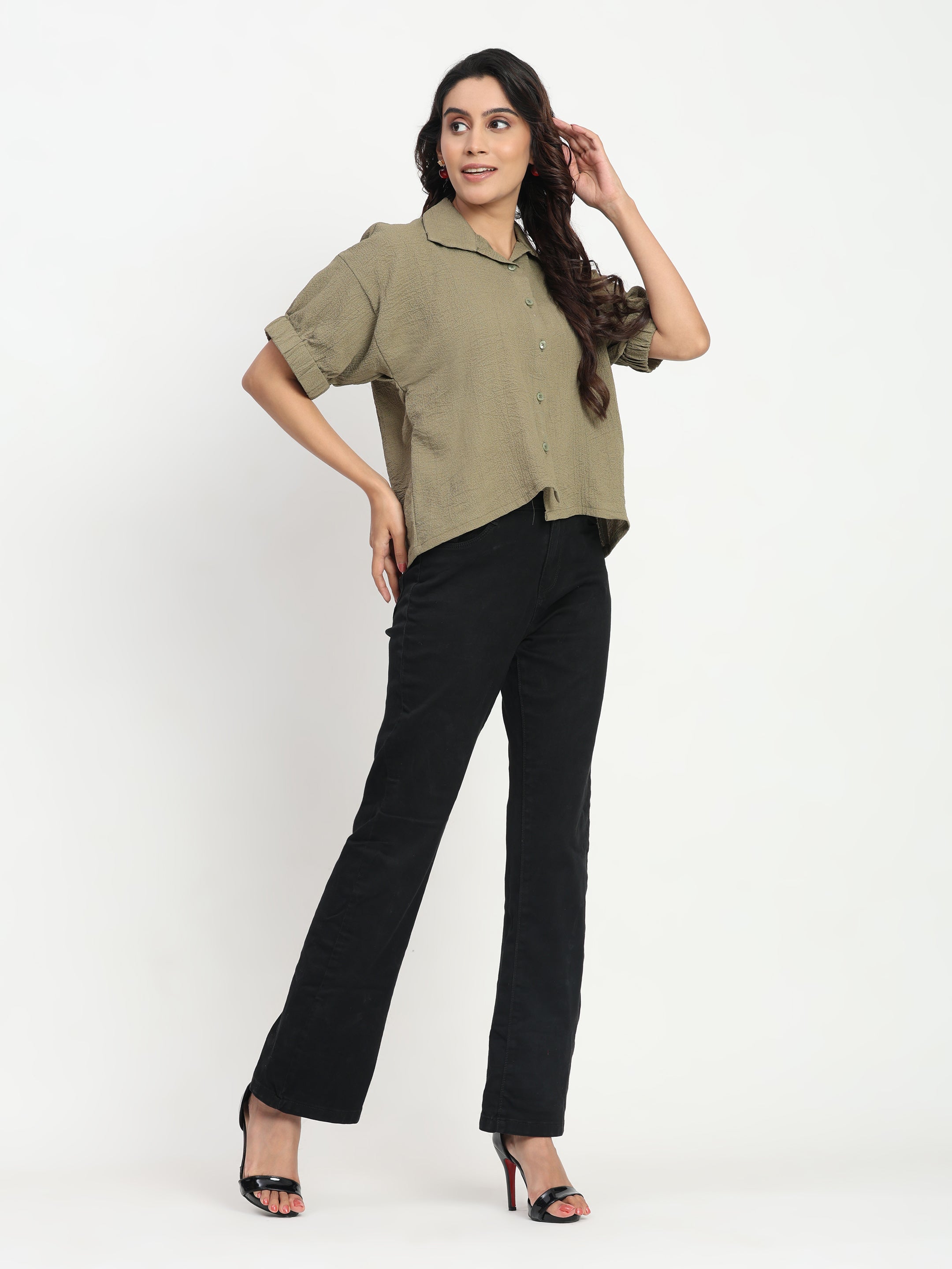 TrendRush Women Khakhi Green Kaftan Style Elasticated Sleeve Shirt