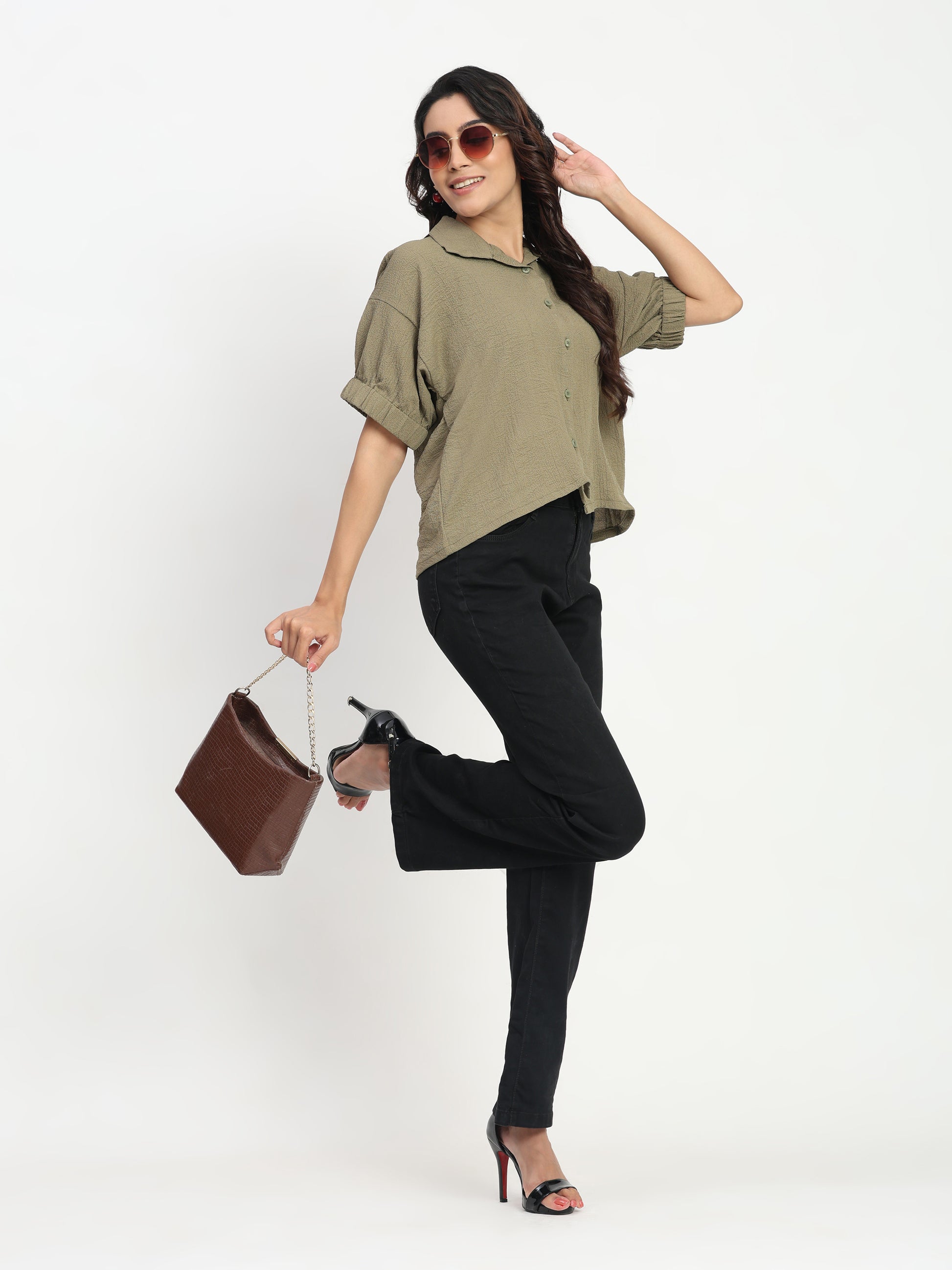 TrendRush Women Khakhi Green Kaftan Style Elasticated Sleeve Shirt